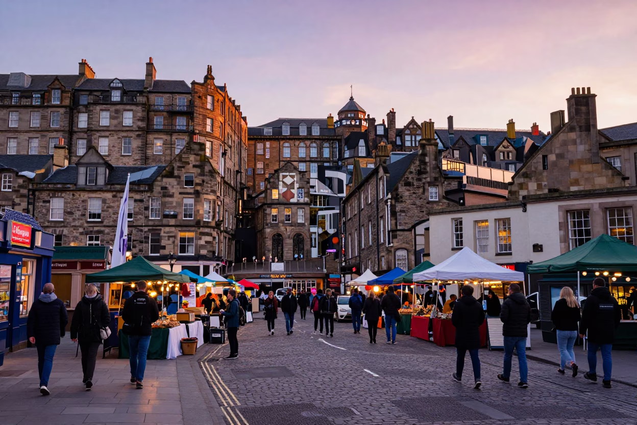 Colorful Edinburgh Street Scene Just After Sunrise with Local Market Activity in in Edinburgh, United Kingdom