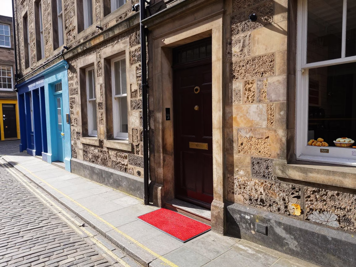 Colorful Edinburgh Street Scene with Door Mats and Pastries at Midday in in Edinburgh, United Kingdom