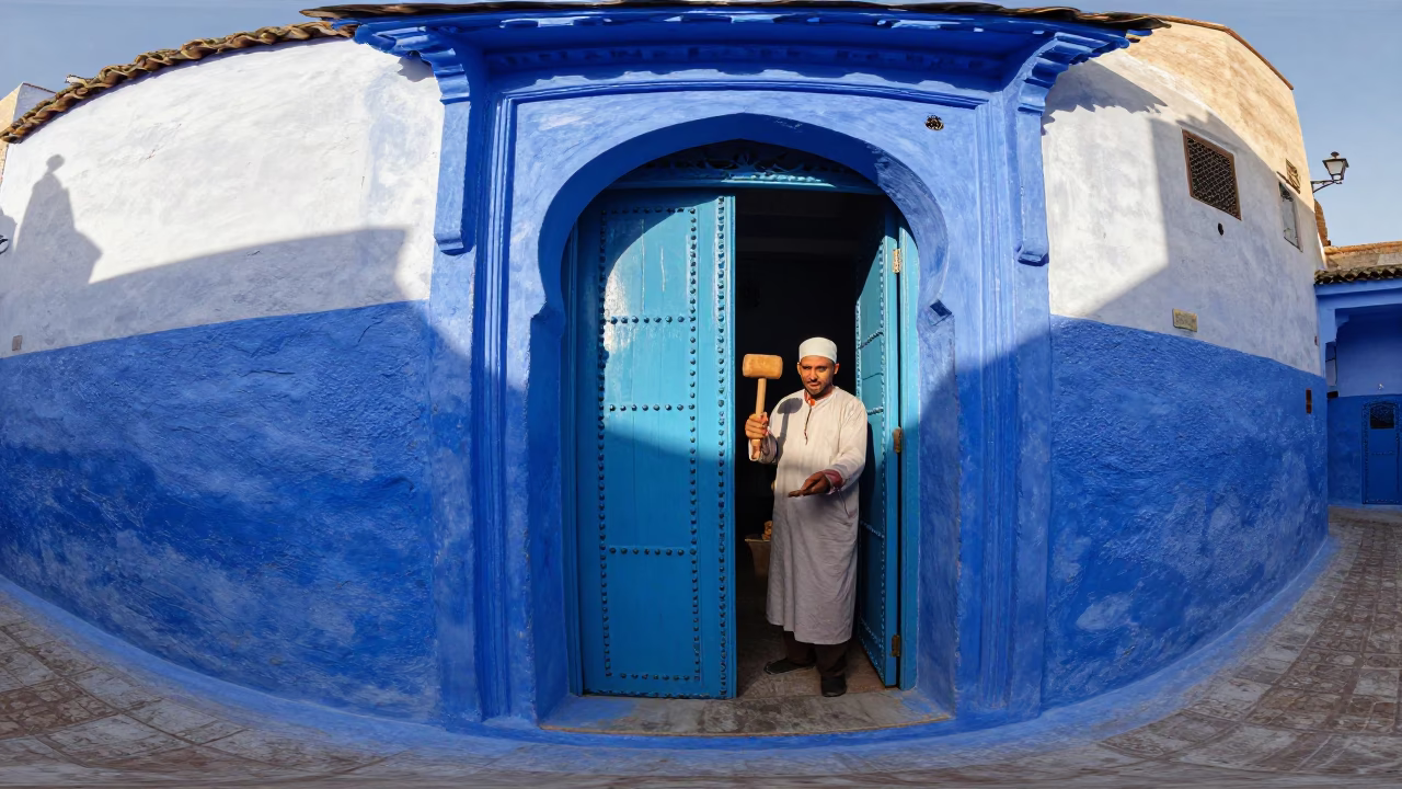 Colorful Essaouira Blue Doorway Scene with Wooden Mallet and Local Craftsmanship in in Essaouira, Morocco