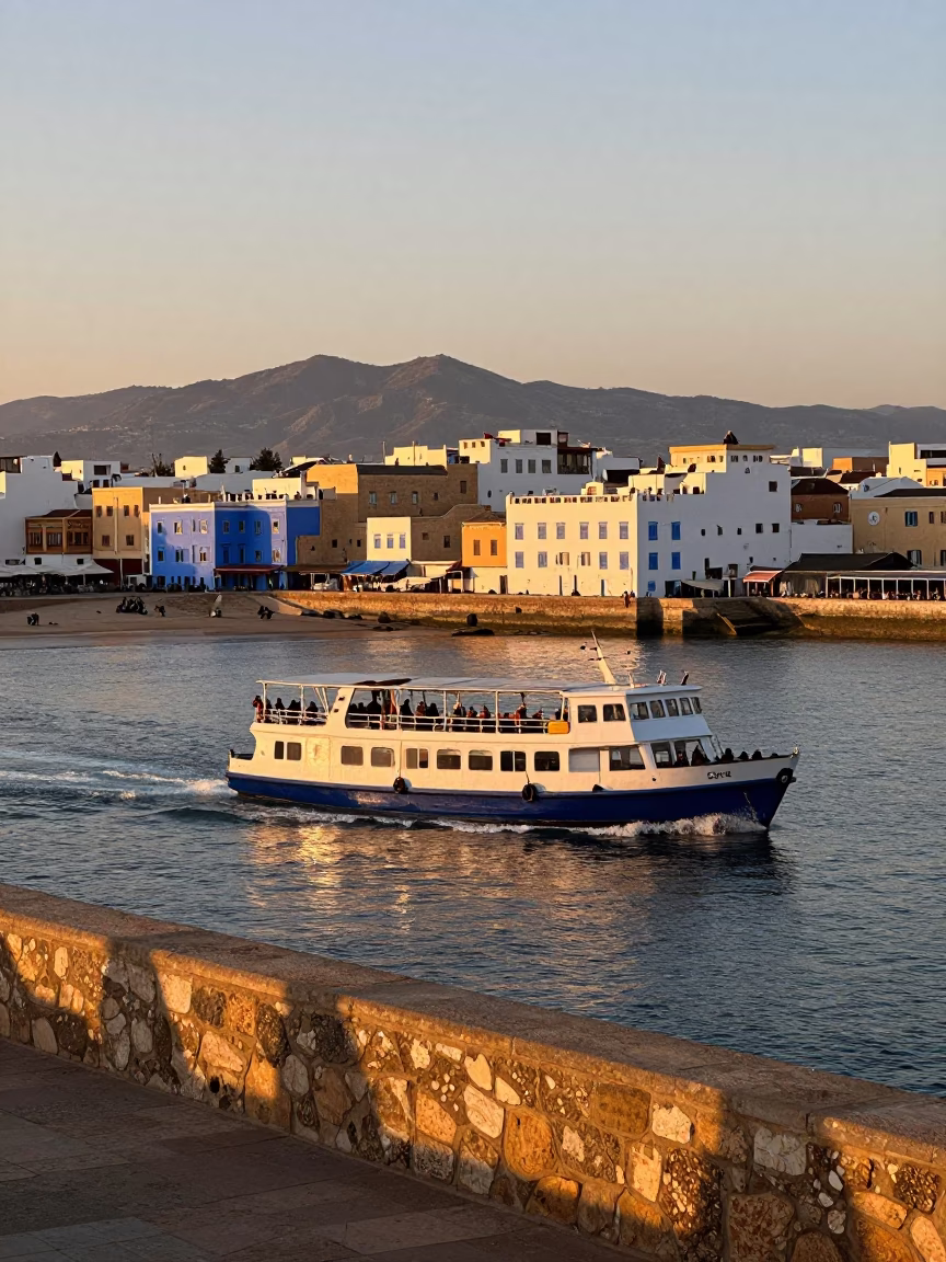 Colorful Essaouira Harbor Evening with Ferry Departure and Traditional Mandazi Tray in in Essaouira, Morocco