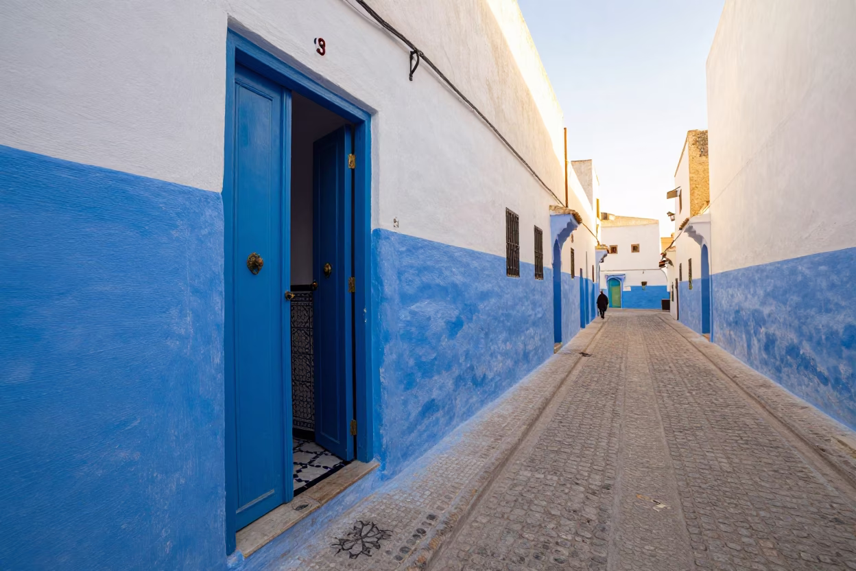 Colorful Essaouira Morocco Afternoon Street Scene with Blue Door and Local Life in in Essaouira, Morocco