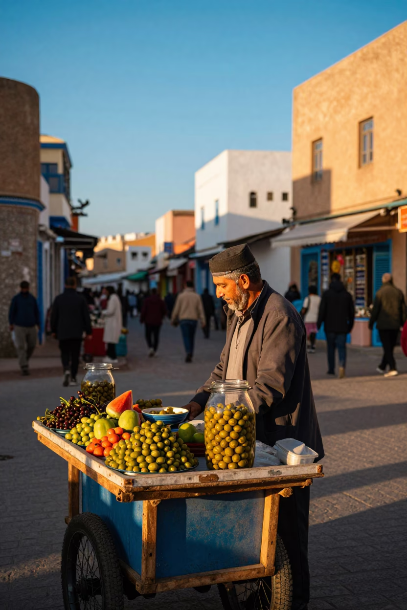 Colorful Essaouira Morocco Late Afternoon Street Scene with Local Vendor and Glass Jar in in Essaouira, Morocco