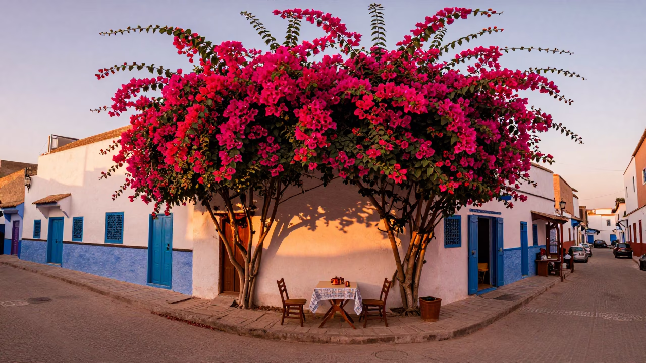 Colorful Essaouira Morocco Street Scene with Bougainvillea and Traditional Tea in Copper Dusk Light in in Essaouira, Morocco