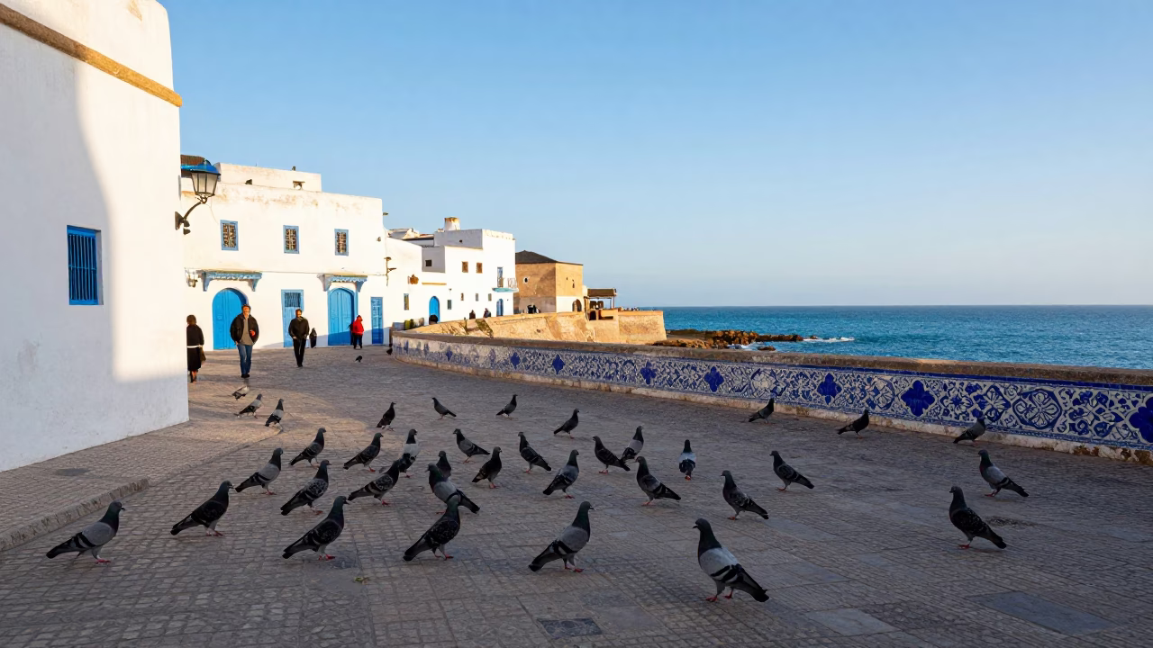 Colorful Essaouira Street Scene with Pigeons and Blue Porcelain in in Essaouira, Morocco