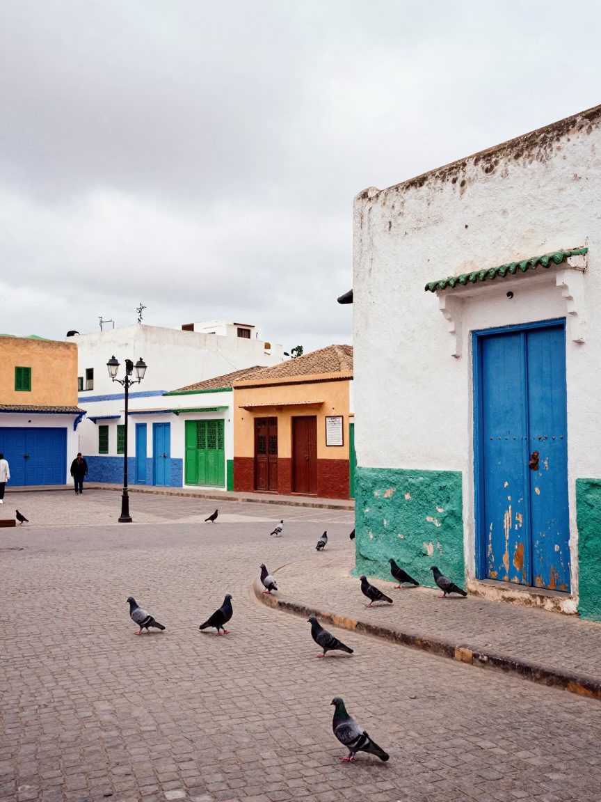 Colorful Essaouira Street Scene with Pigeons and Local Life in in Essaouira, Morocco