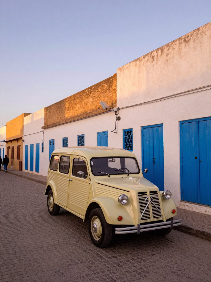 Colorful Essaouira Street Scene with Vintage 1950s Charm and Local Daily Life in in Essaouira, Morocco