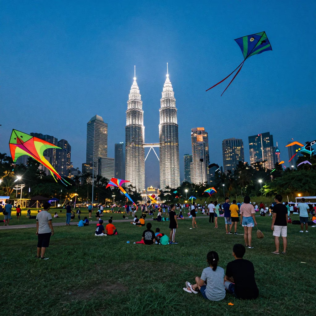 Colorful Evening Kite Festival in Kuala Lumpur Malaysia Skyline in in Kuala Lumpur, Malaysia