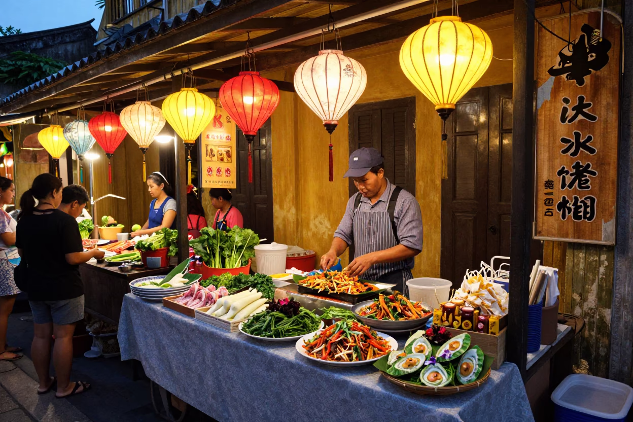 Colorful Evening Street Food Stall with Lanterns in Hoi An Vietnam in in Hoi An, Vietnam