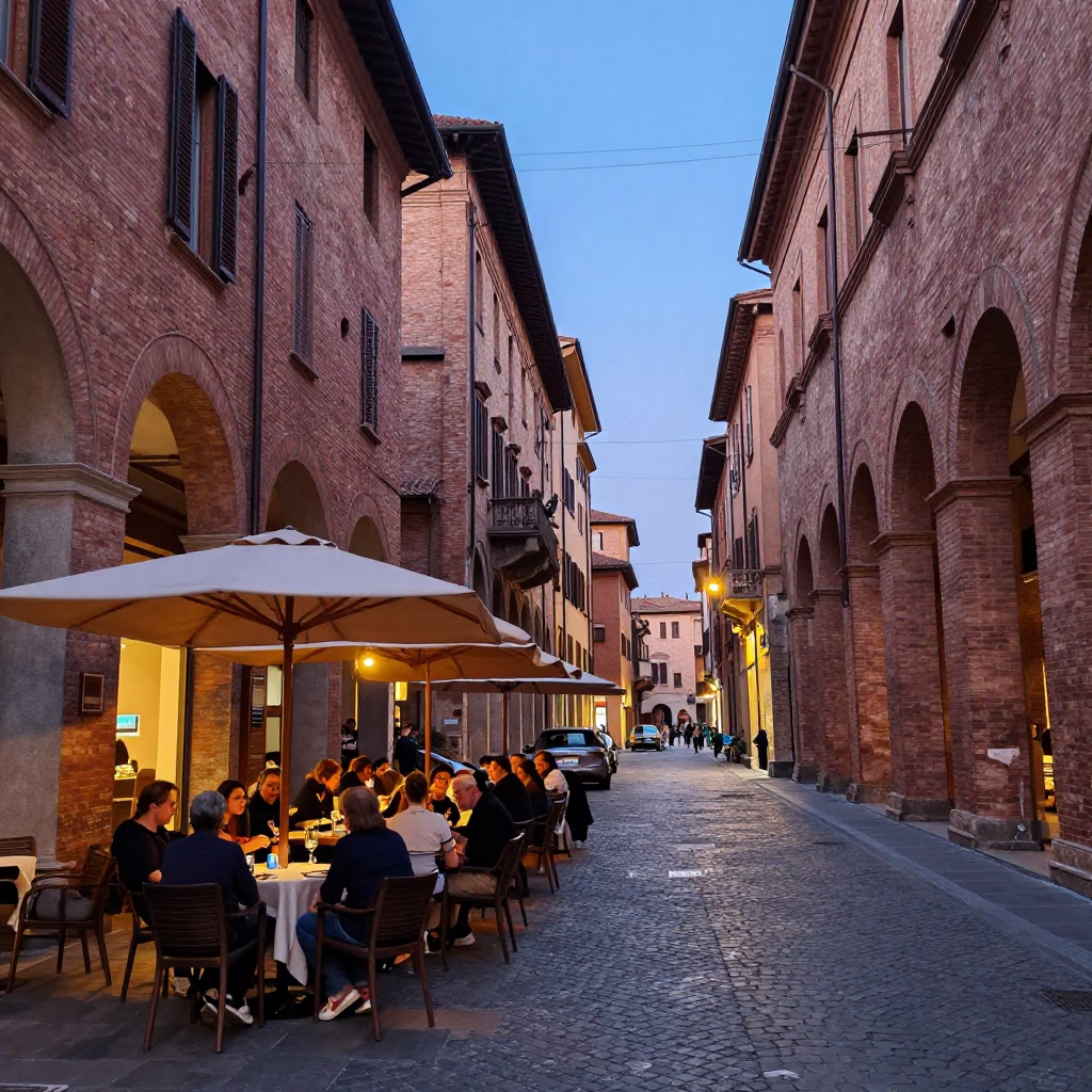 Colorful Evening Street Scene in Bologna Italy with Outdoor Cafe Dining in in Bologna, Italy