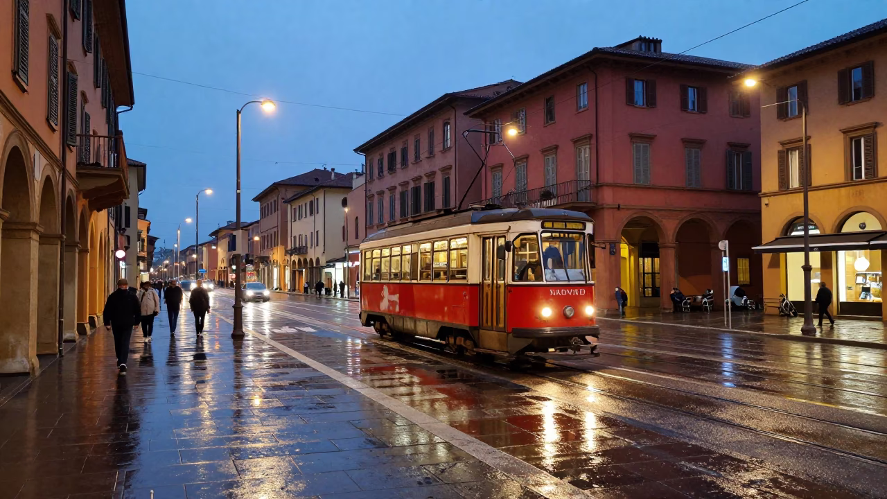 Colorful Evening Street Scene in Bologna Italy with Tram and Local Life in in Bologna, Italy