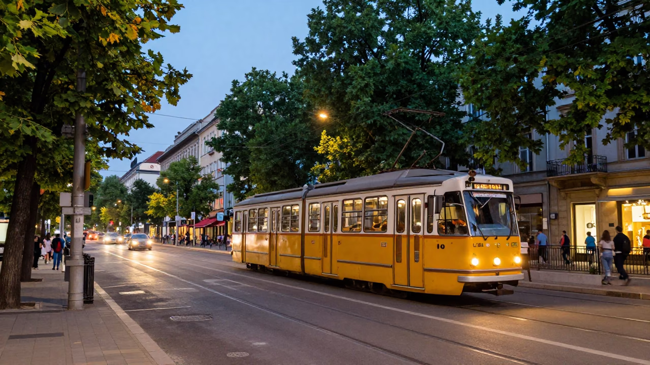 Colorful Evening Street Scene in Budapest with Tramcar and Local Market Stalls in in Budapest, Hungary