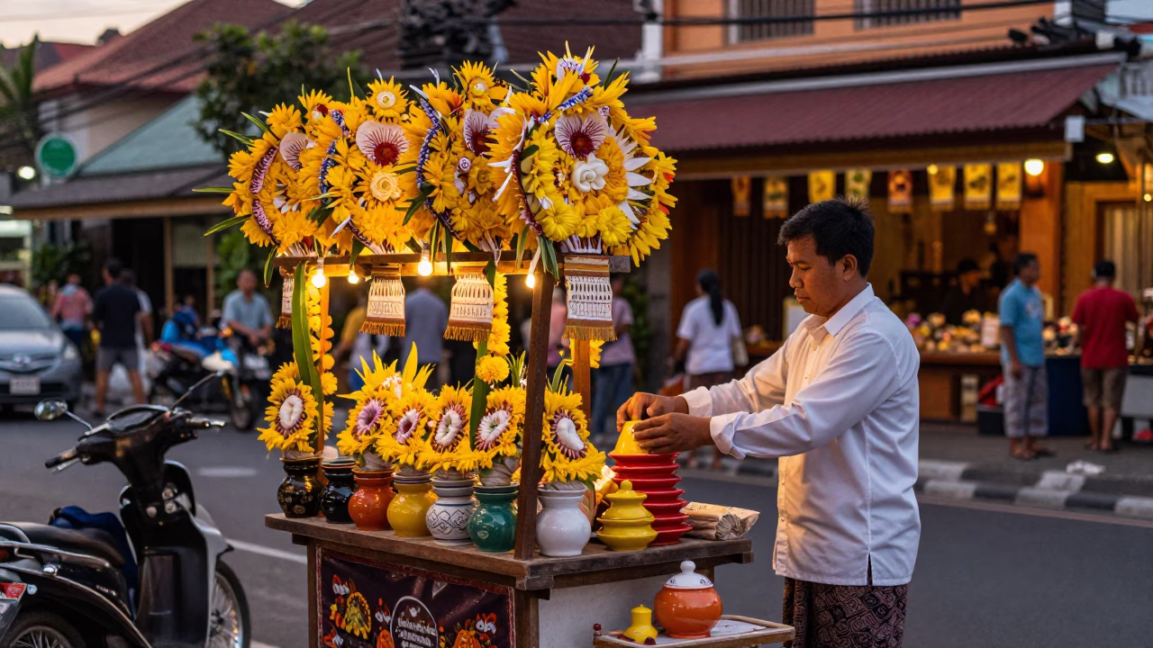 Colorful Evening Street Scene in Denpasar Bali with Traditional Decor and Local Life in in Denpasar, Indonesia
