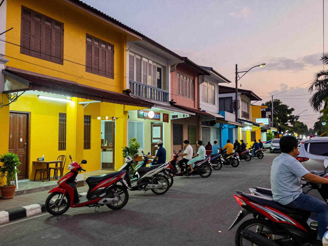 Colorful Evening Street Scene in Denpasar Indonesia with Motorbikes and Local Shops in in Denpasar, Indonesia