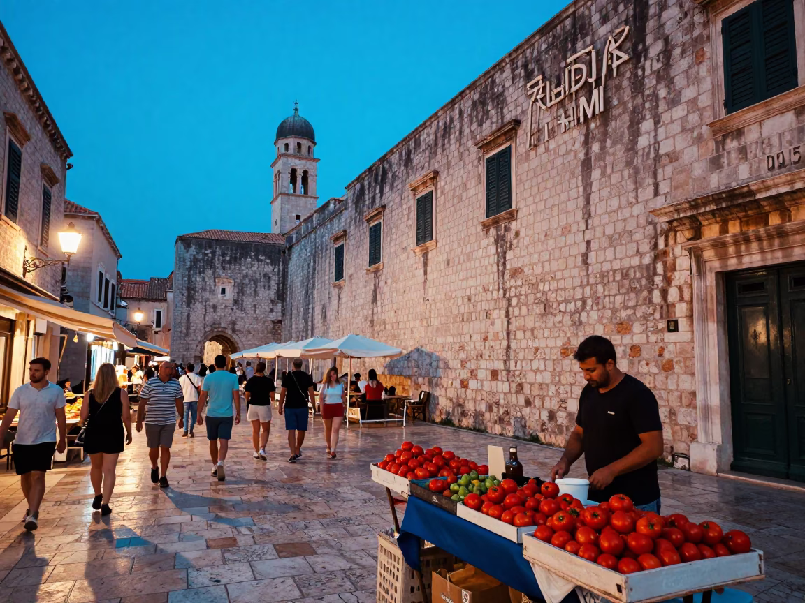 Colorful Evening Street Scene in Dubrovnik Croatia with Local Life in in Dubrovnik, Croatia