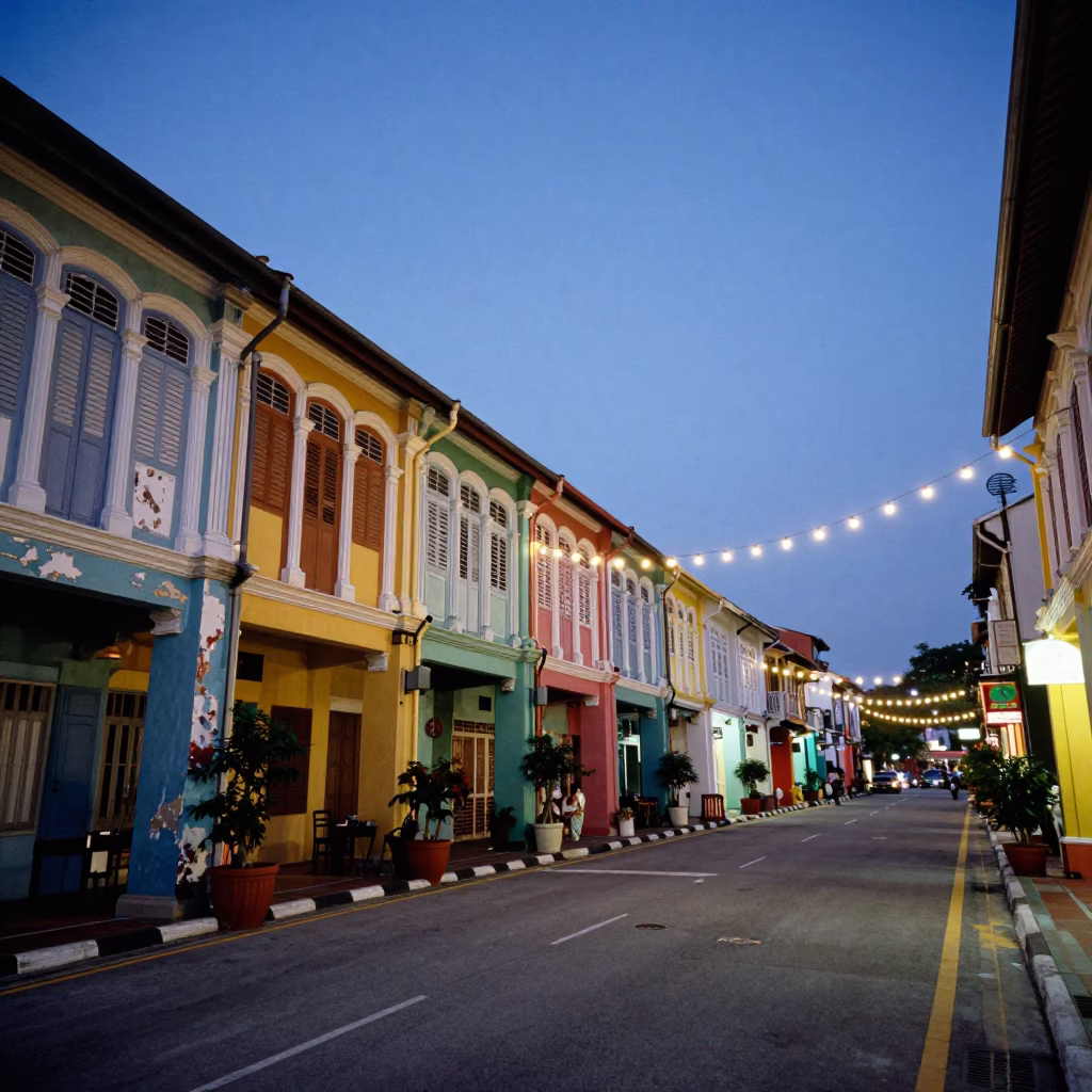 Colorful Evening Street Scene in George Town Malaysia with String Lights and Local Activity in in George Town, Malaysia