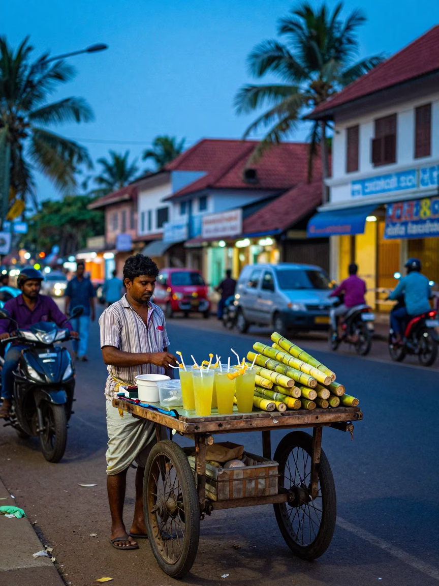 Colorful Evening Street Scene in Kochi India with Sugarcane Juice and Urban Activity in in Kochi, India