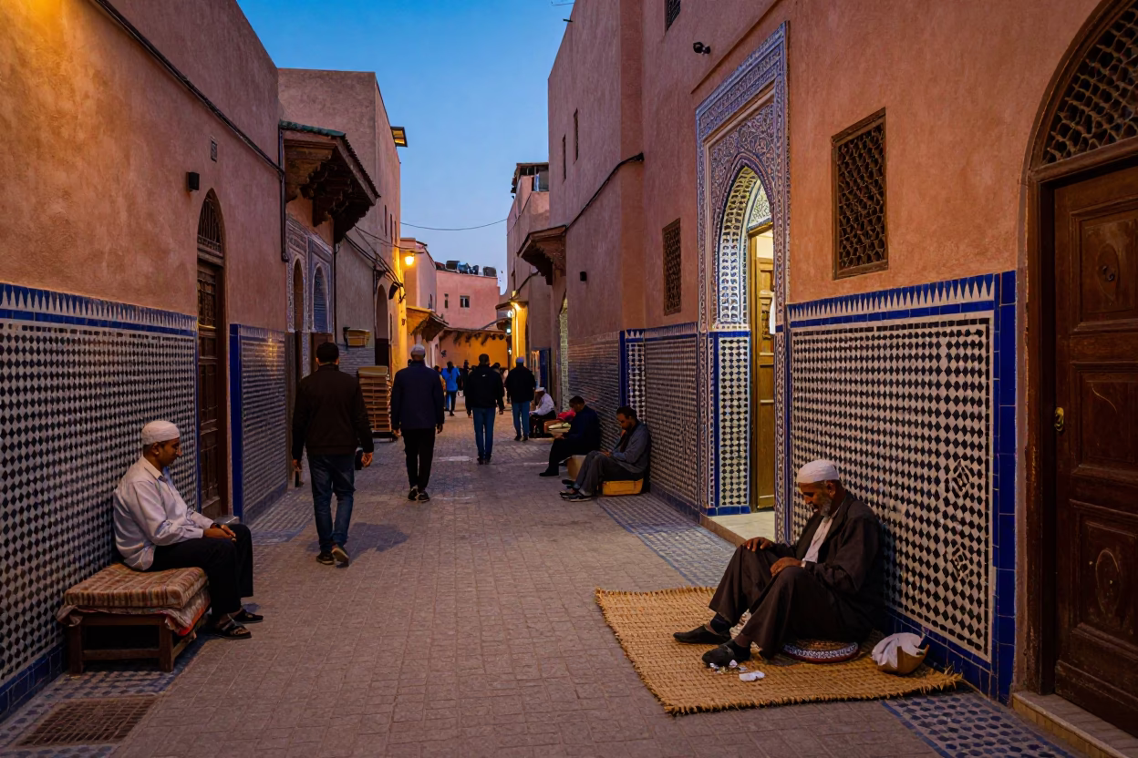 Colorful Evening Street Scene in Marrakech Morocco with Ceramic Tiles and Local Artisans in in Marrakech, Morocco