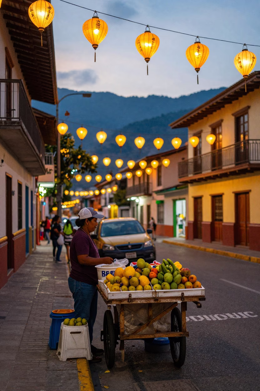 Colorful Evening Street Scene in Medellin Colombia with Lantern and Urban Life in in Medellin, Colombia