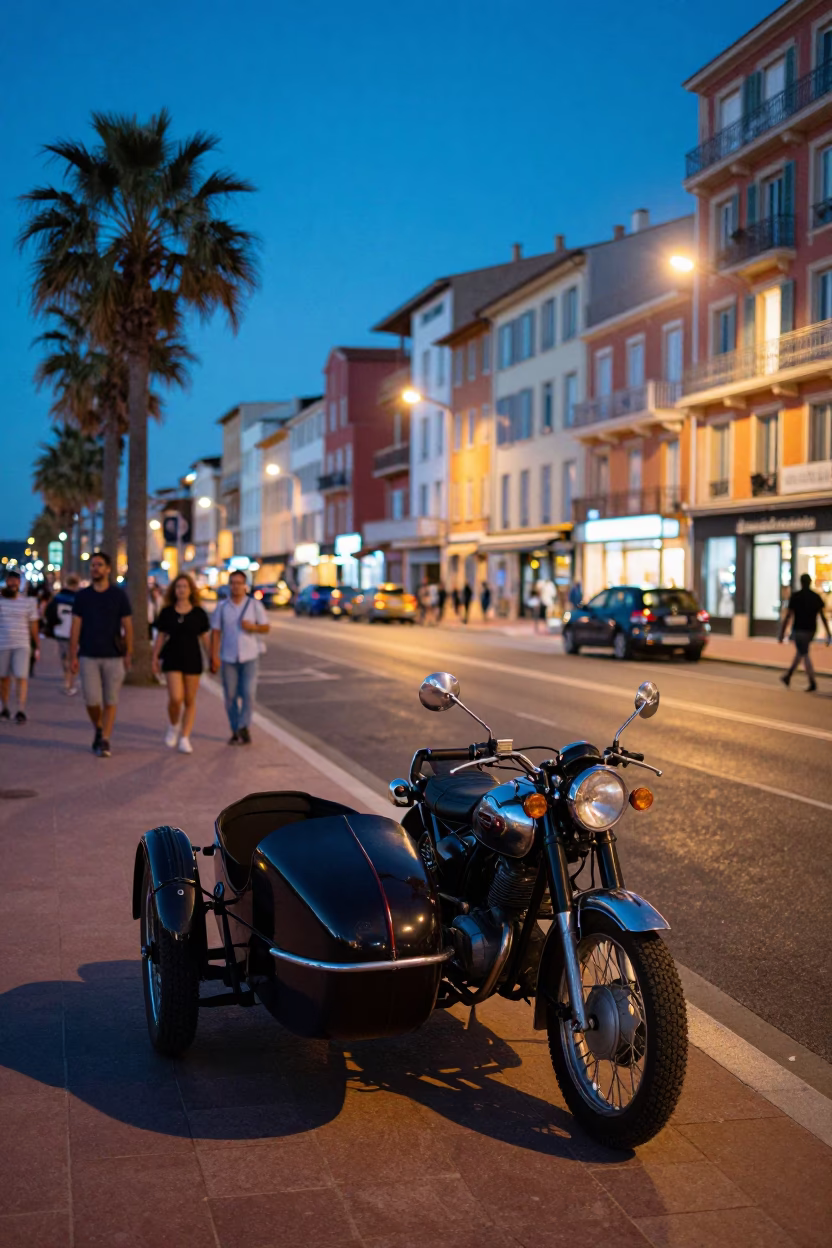 Colorful Evening Street Scene in Nice France with Vintage Motorcycle and Local Life in in Nice, France
