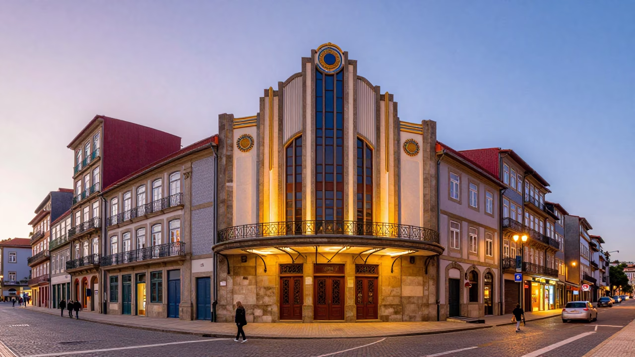 Colorful Evening Street Scene in Porto Portugal with Art Deco Cinema and Local Dining in in Porto, Portugal