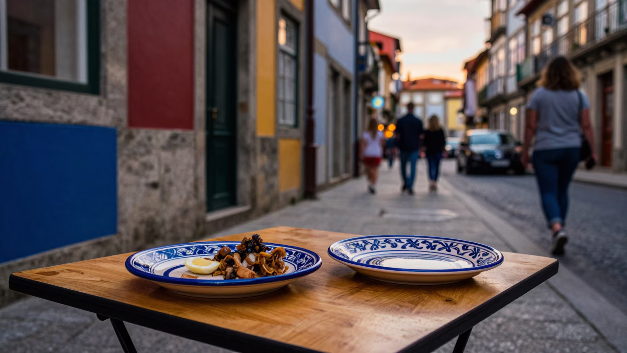 Colorful Evening Street Scene in Porto Portugal with Ceramic Plates and Zinnias in in Porto, Portugal