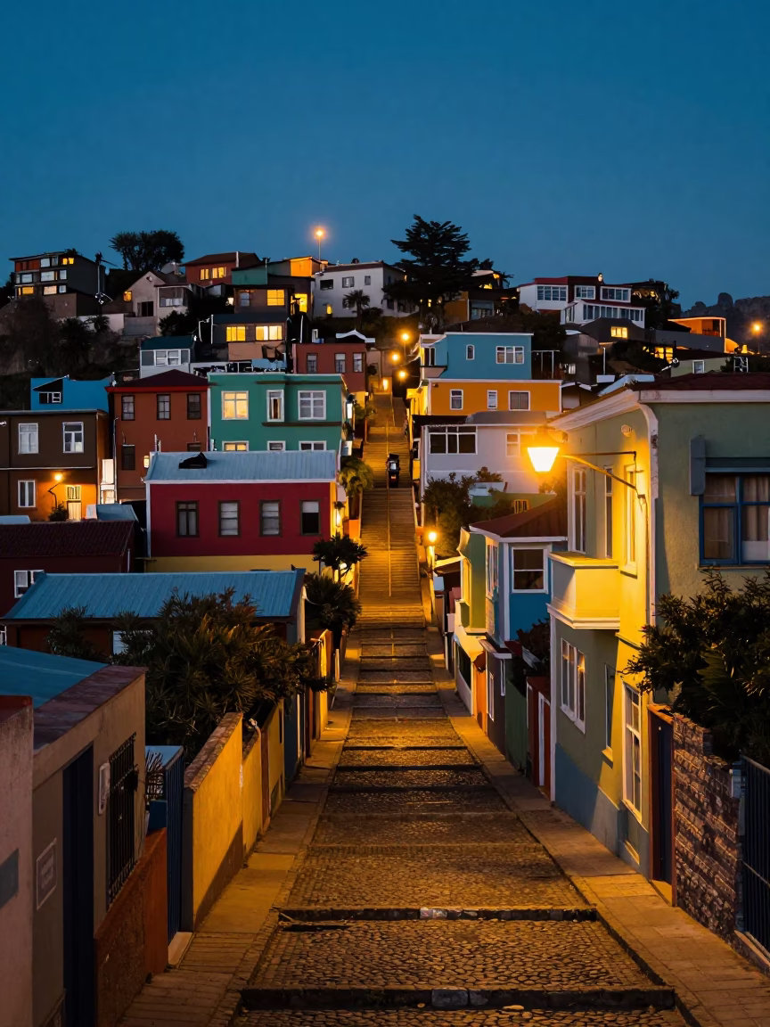 Colorful Faded Staircase Valparaiso Chile Evening City Lights Glow in in Valparaiso, Chile