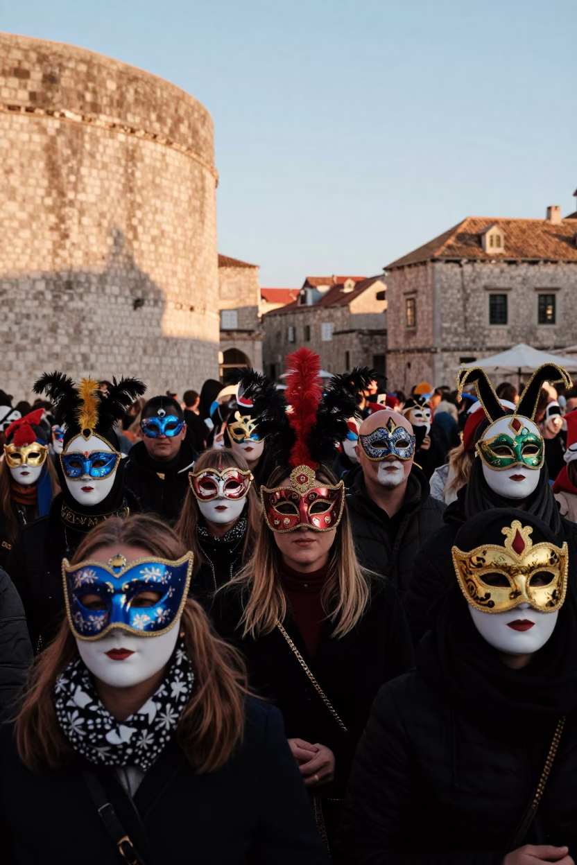 Colorful Fasching Carnival Masks Worn by Locals in Dubrovnik Croatia at Sunset in in Dubrovnik, Croatia