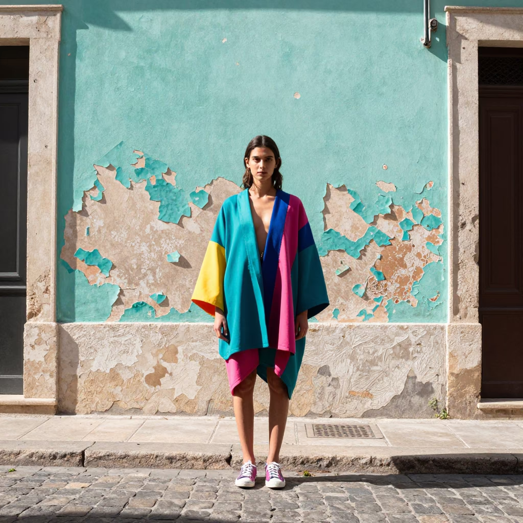 Colorful Fashion Portrait Amidst Peeling Turquoise Paint in Marseille in in Marseille, France