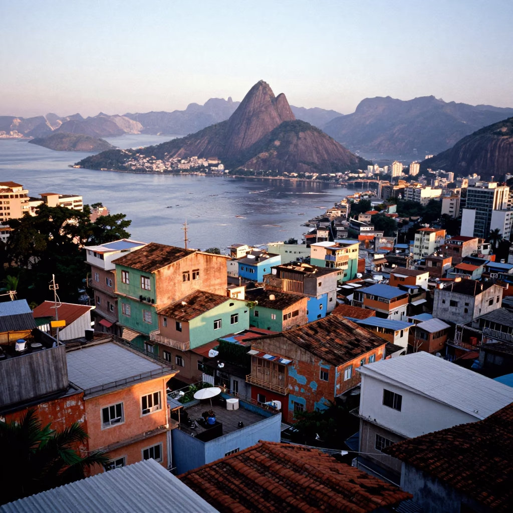 Colorful Favela Rooftop Scene at Nautical Dawn in Rio de Janeiro Brazil in in Rio de Janeiro, Brazil