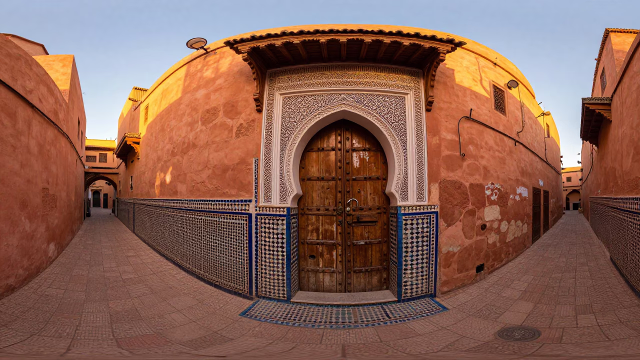 Colorful Fez Medina Alleyway Evening Light with Stone Walls and Local Life in in Fez, Morocco