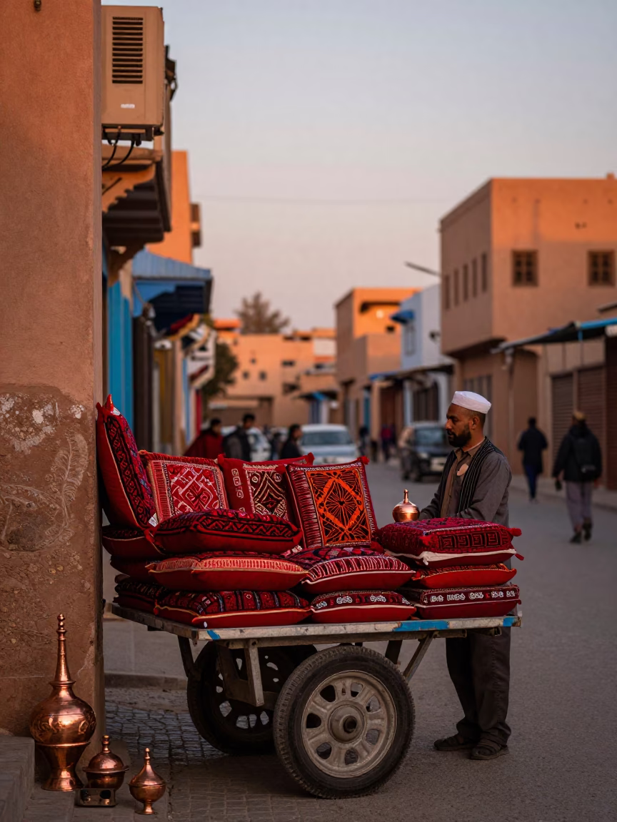 Colorful Fez Morocco Dusk Street Scene with Cushions and Copper Light in in Fez, Morocco