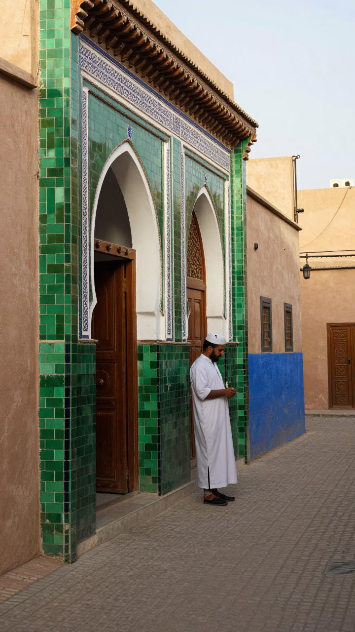 Colorful Fez Morocco Early Afternoon Street Scene with Traditional Decor in in Fez, Morocco