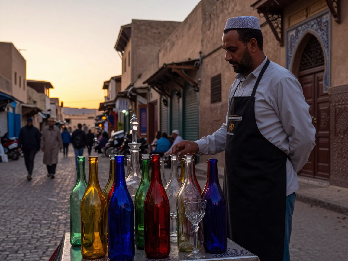 Colorful Fez Morocco Evening Street Scene with Apron and Glass Bottle in in Fez, Morocco