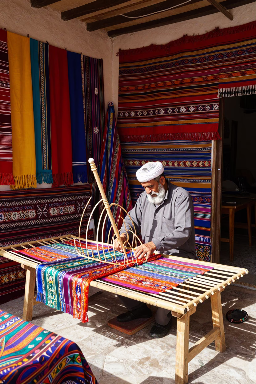 Colorful Fez Morocco Midmorning Artisan Workshop Interior with Textiles and Tools in in Fez, Morocco