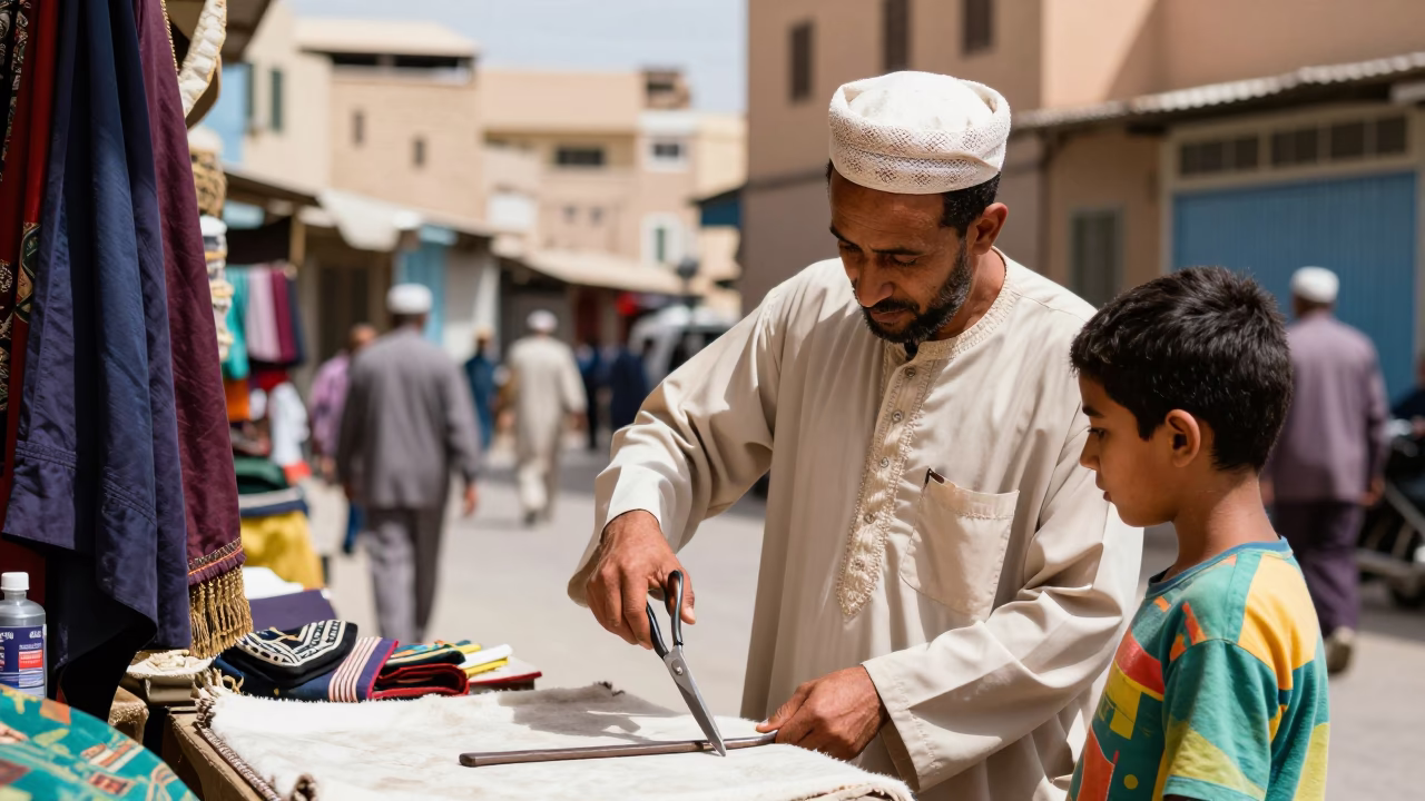 Colorful Fez Morocco Noon Street Scene with Local Tailor and Shears in in Fez, Morocco