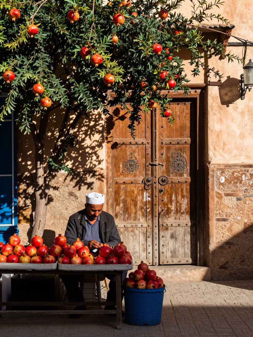 Colorful Fez Morocco Street Scene with Pomegranate Tree and Iron Door Hardware in in Fez, Morocco