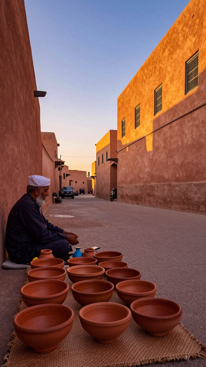 Colorful Fez Morocco Sunset Street Scene with Traditional Terracotta Bowls and Local Market Activity in in Fez, Morocco