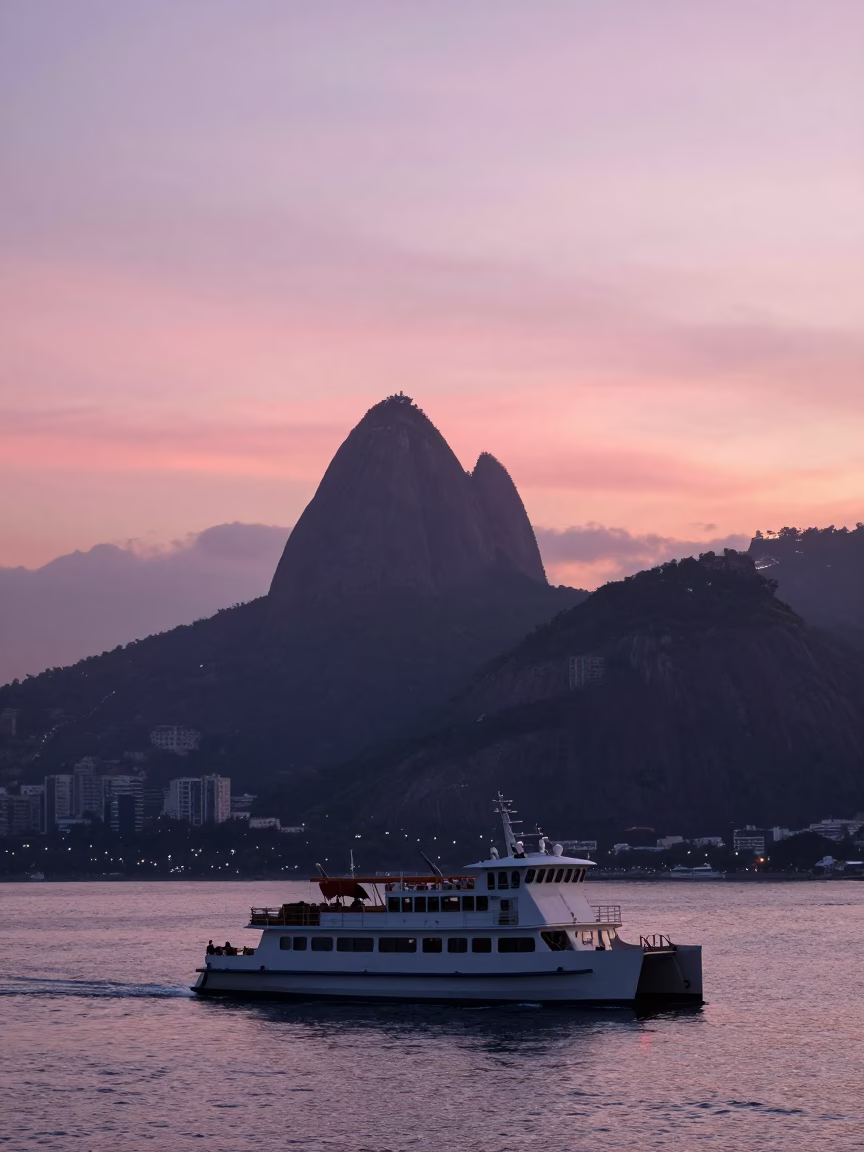 Colorful First Light Dawn Scene in Rio de Janeiro Brazil with Catamaran Ferry in in Rio de Janeiro, Brazil