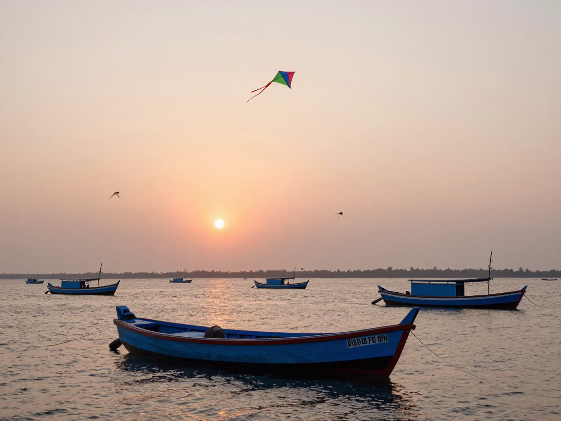 Colorful Fishing Boats and Kites in Kochi Backwaters at Sunset in in Kochi, India