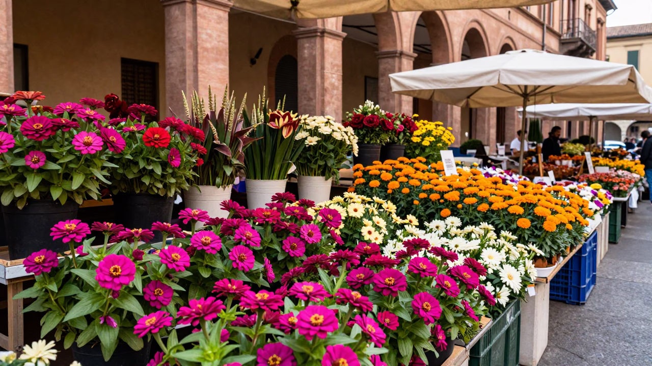 Colorful Flower Market Stall in Bologna Italy Early Afternoon in in Bologna, Italy