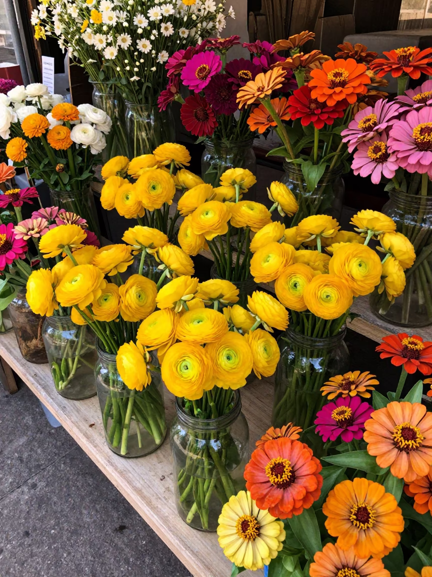 Colorful Flower Stall with Ranunculus and Zinnias in Buenos Aires Midday Market in in Buenos Aires, Argentina