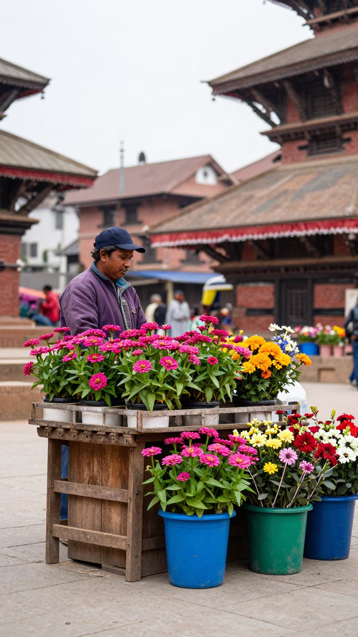 Colorful Flower Vendor Display in Kathmandu Overcast Midday Light in in Kathmandu, Nepal