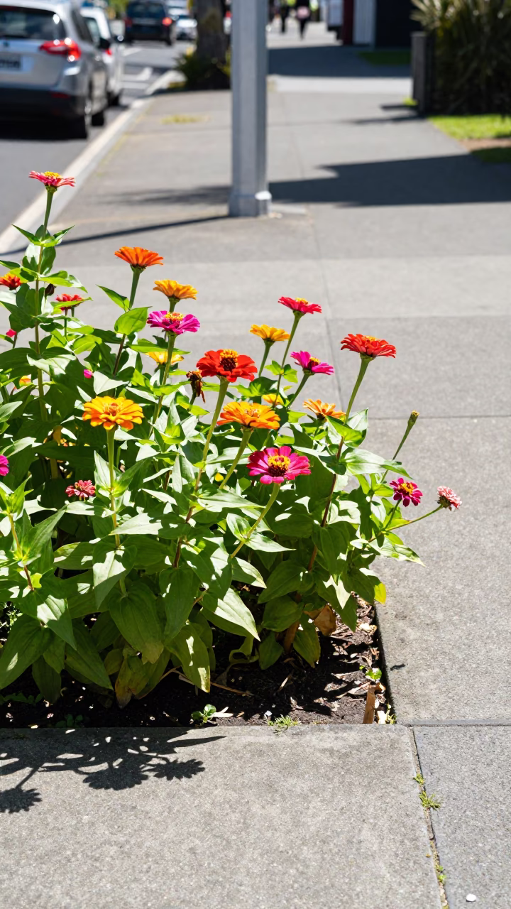 Colorful Flowering Plants and Zinnias Blooming in Bright Auckland New Zealand Noon Sunlight in in Auckland, New Zealand