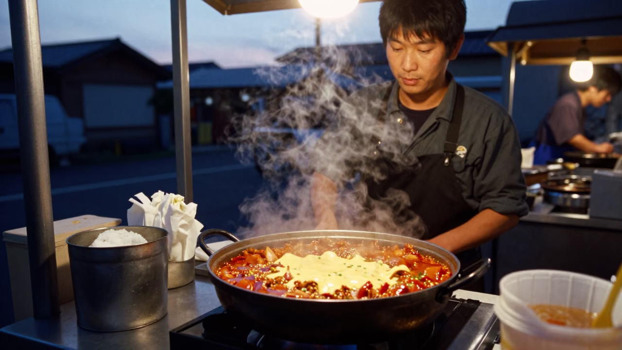 Colorful Food in Osaka at The Still Hours Before Dawn Light in in Osaka, Japan