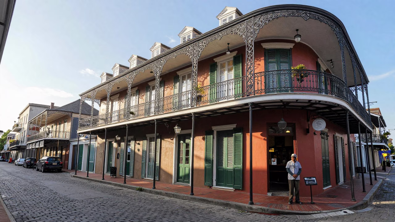 Colorful French Quarter Balcony and Street Scene in New Orleans Late Morning in in New Orleans, Louisiana, United States