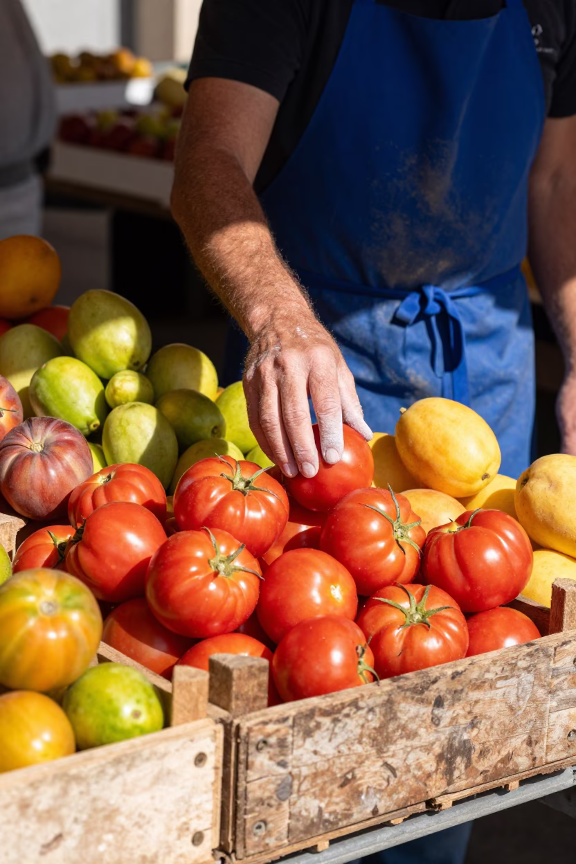 Colorful Fruit Crate and Chalk Dust on Fingertips at Nice Market Stall in in Nice, France