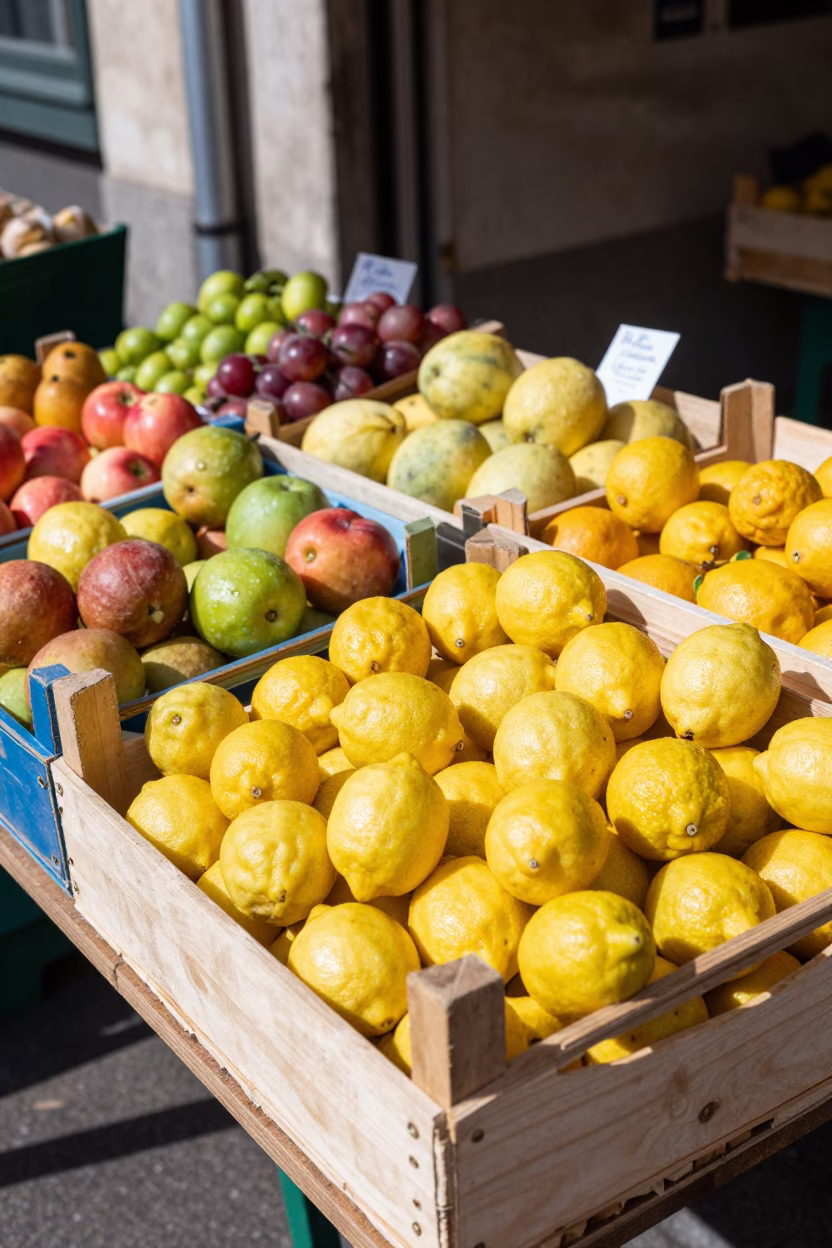 Colorful Fruit Crate Display at Lyon Marché des Capucins Late Morning in in Lyon, France
