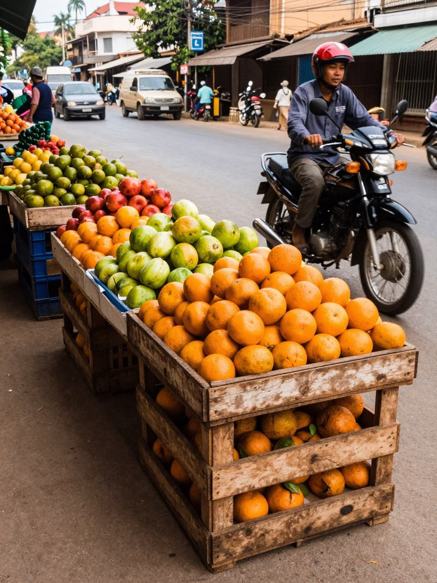 Colorful Fruit Crate Display on Busy Phnom Penh Street Late Morning in in Phnom Penh, Cambodia