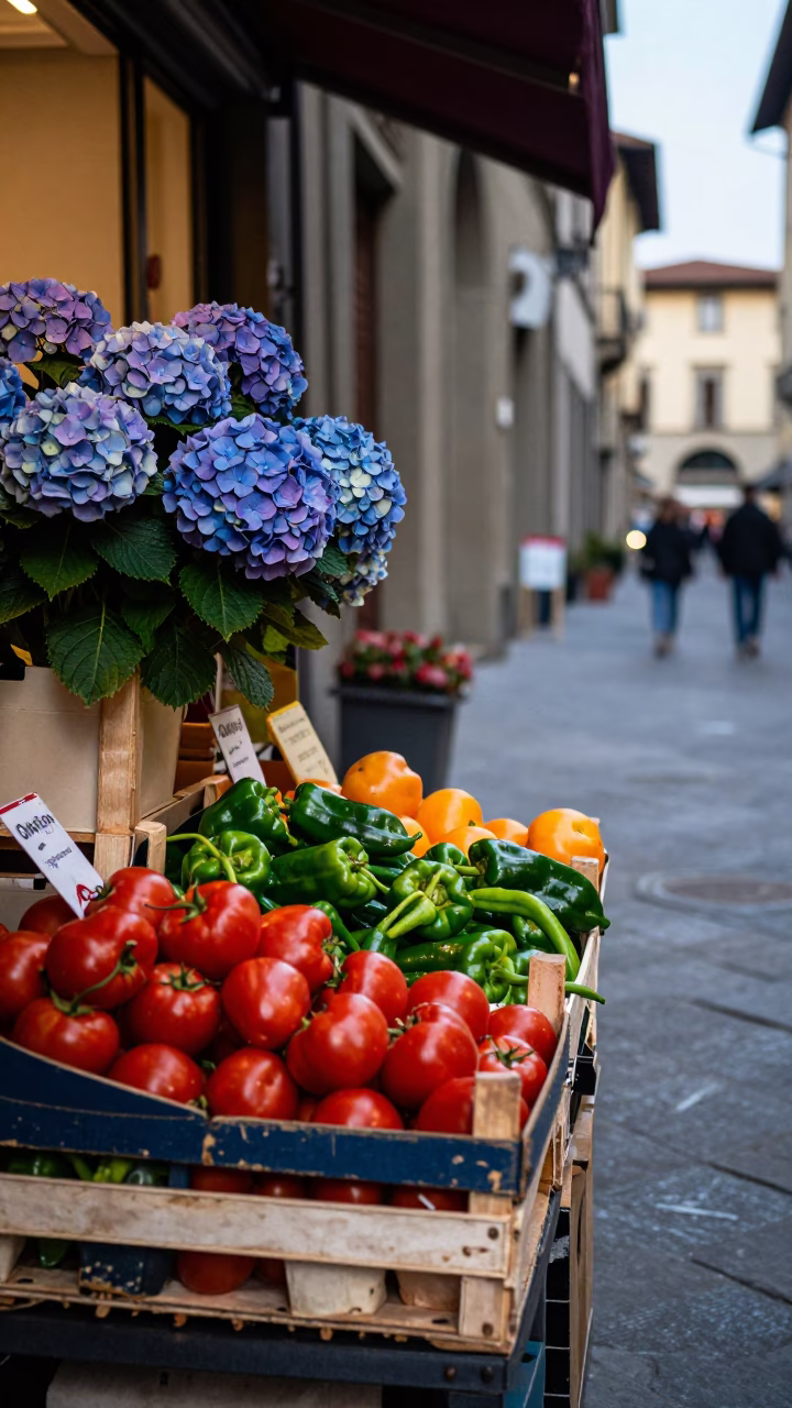 Colorful Fruit Crate Display with Hydrangeas on Florence Street Corner Early Evening in in Florence, Italy