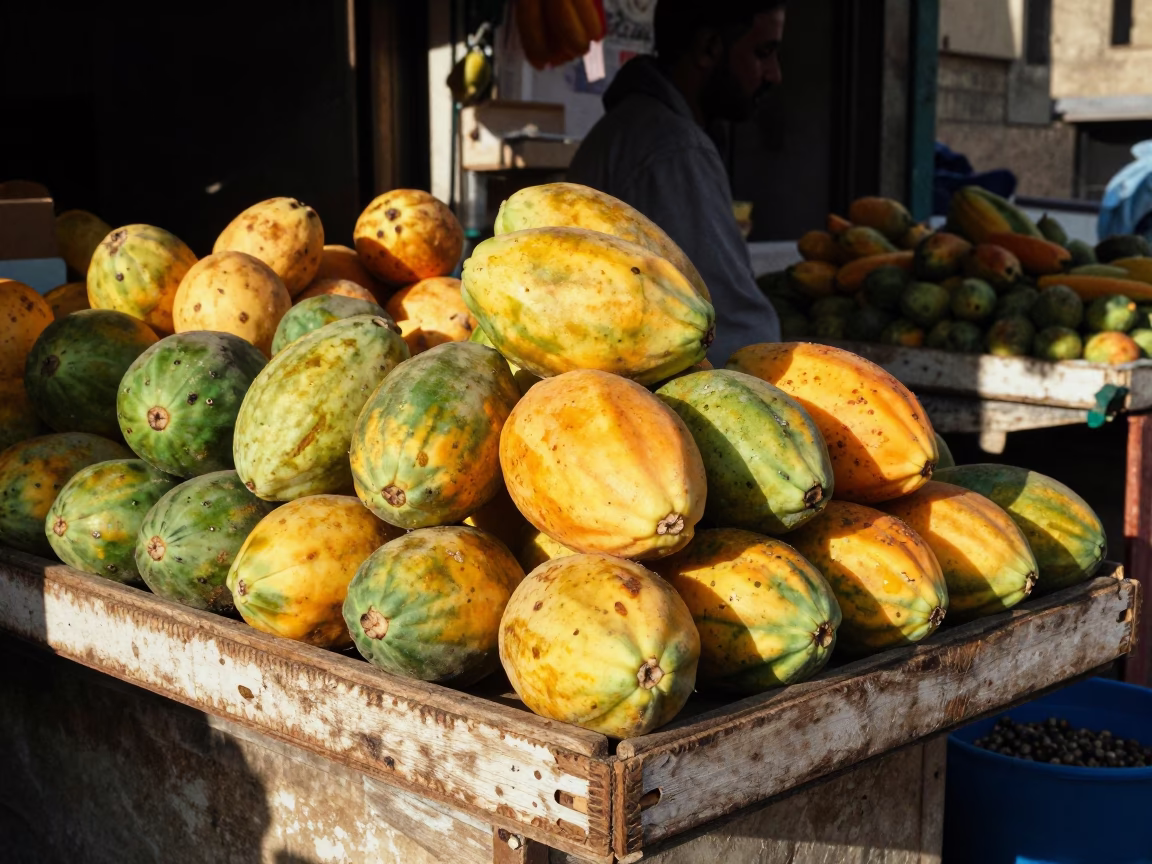 Colorful Fruit Stall Display in Cairo Egypt Early Afternoon Papayas and Traditional Serving Platter in in Cairo, Egypt